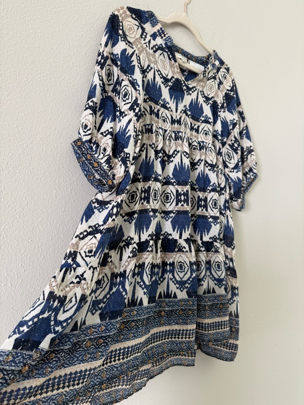 Umgee Navy Blue, Mustard & Cream Aztec Print V-Neck Tunic Babydoll Dress Small - Picture 3 of 6